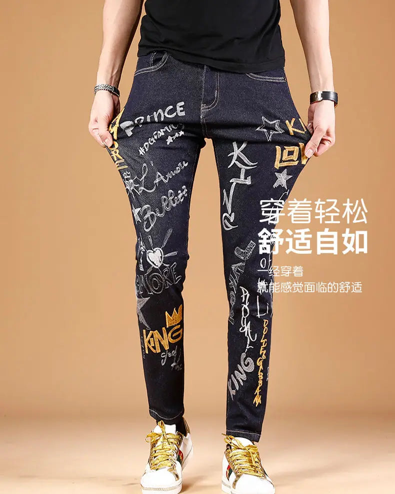 Summer New Embroidered Jeans Men Trendy Brand Korean Version Slim Fit Small Feet Trendy Casual Versatile Stretch Pants