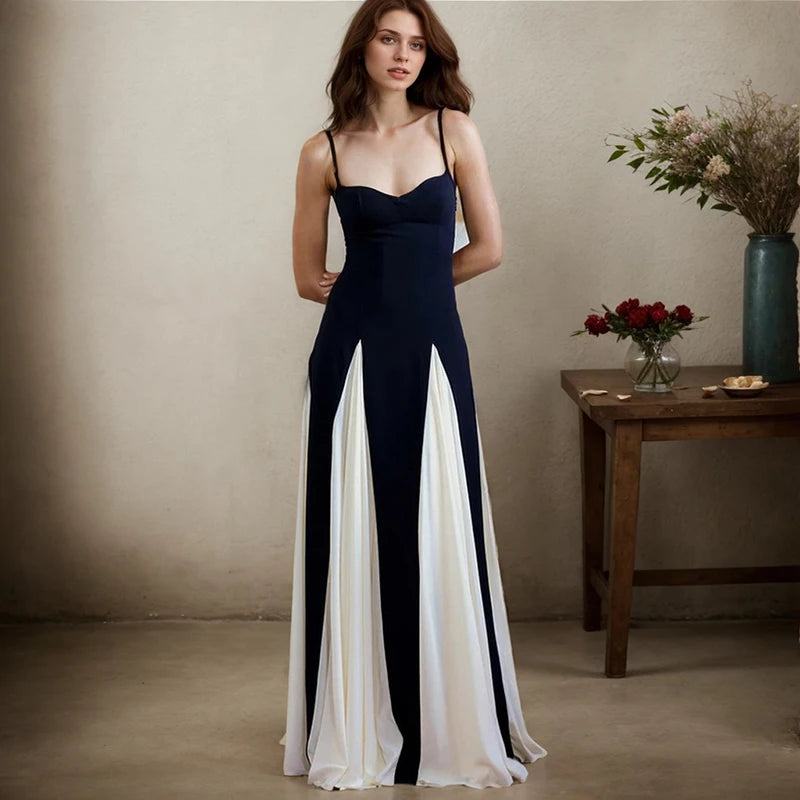 Women Evening Dress Fashion Elegant Royal Sister Slim Black And White Contrast Color Strap Dress Sexy V-Neck High Waist Dresses