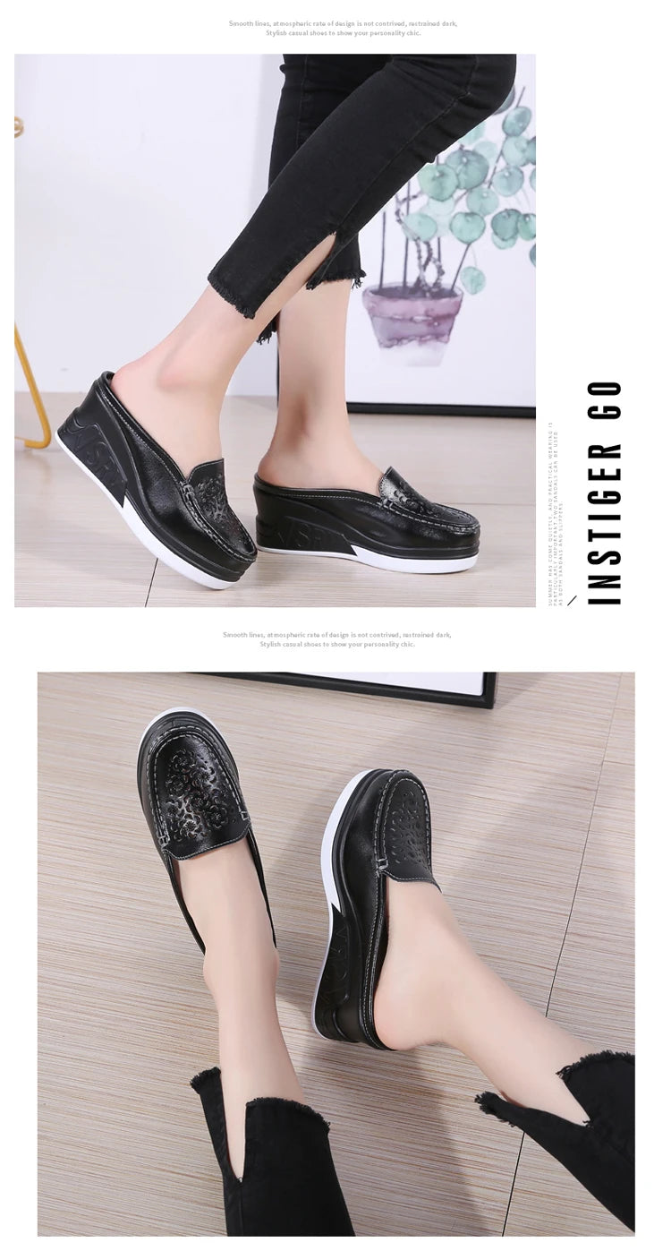 STRONGSHEN Women Slippers Casual Hollow Out Heel Wedge Thick Bottom Increase by 8cm Half Slippers Women's Non slip Fashion Shoes