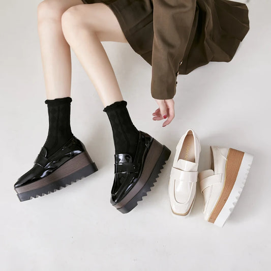 8cm Heeled Platform Wedges Shoes Womens High Heels Casual Lazy Shoes Square Toe Wedge Creepers Pumps Damen Black
