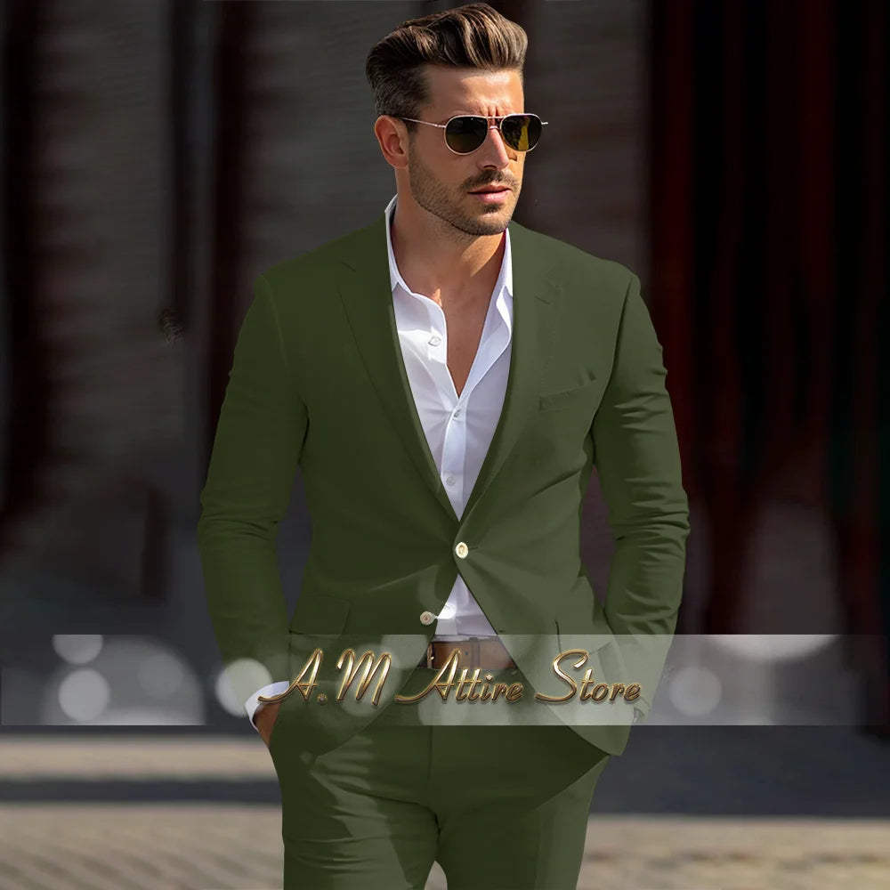 Men's linen suit 2-piece peak lapel jacket pants for summer beach wedding groom prom party tailor-made casual formal outfit