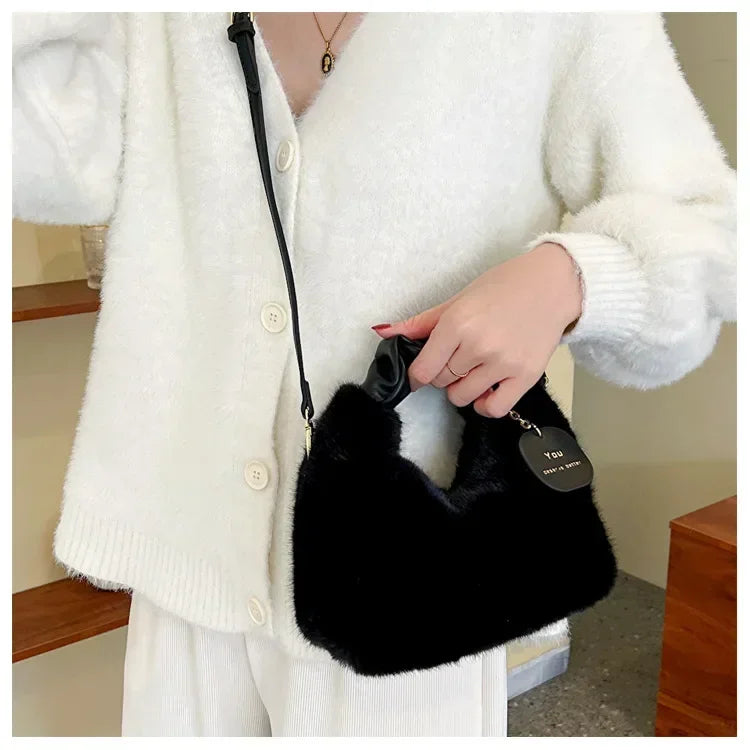 Women Faux Fur Plush Handbags Ruched Handle Small Lady Shoulder Crossbody Bag Casual Tote Half-Moon Hobos Winter Bags for Women