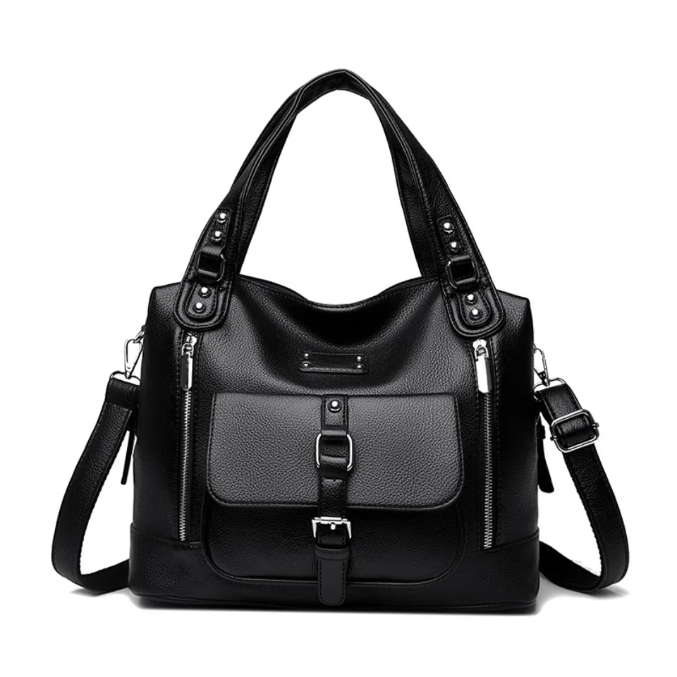 Women's Casual Tote Soft Leather Handbag Luxury Designer Shoulder Crossbody Hand Bag Ladies Shopping Sac Front Double Zipper
