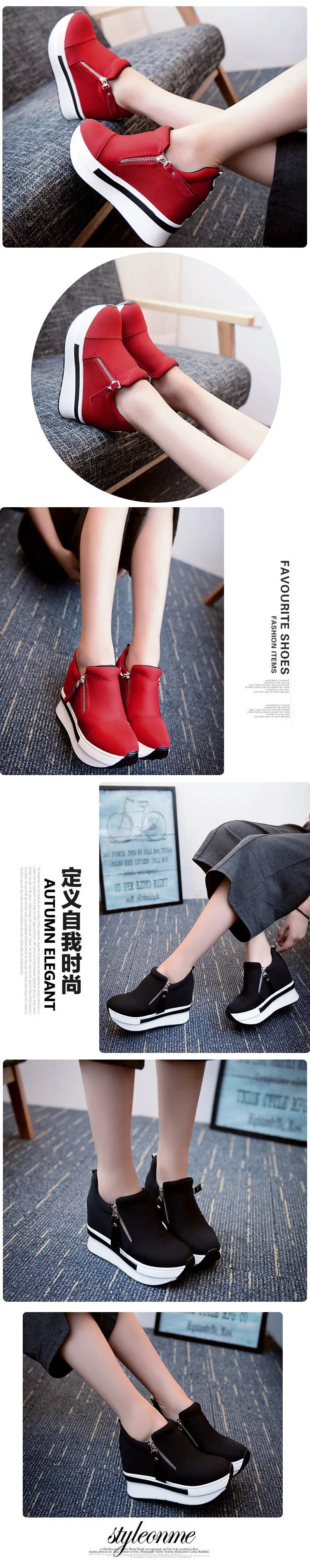 Women Wedges Ankle Boots Platform Thick Bottom Shoes Slip on Zipper Fashion Casual Female Sneakers Shoes Zapatos De Mujer