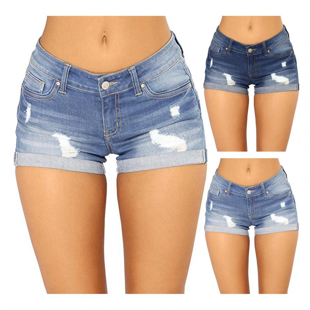 Denim Shorts Women 2023 Jeans Ripped Mid Waist Solid Color Soft Short Jeans Shorts Summer