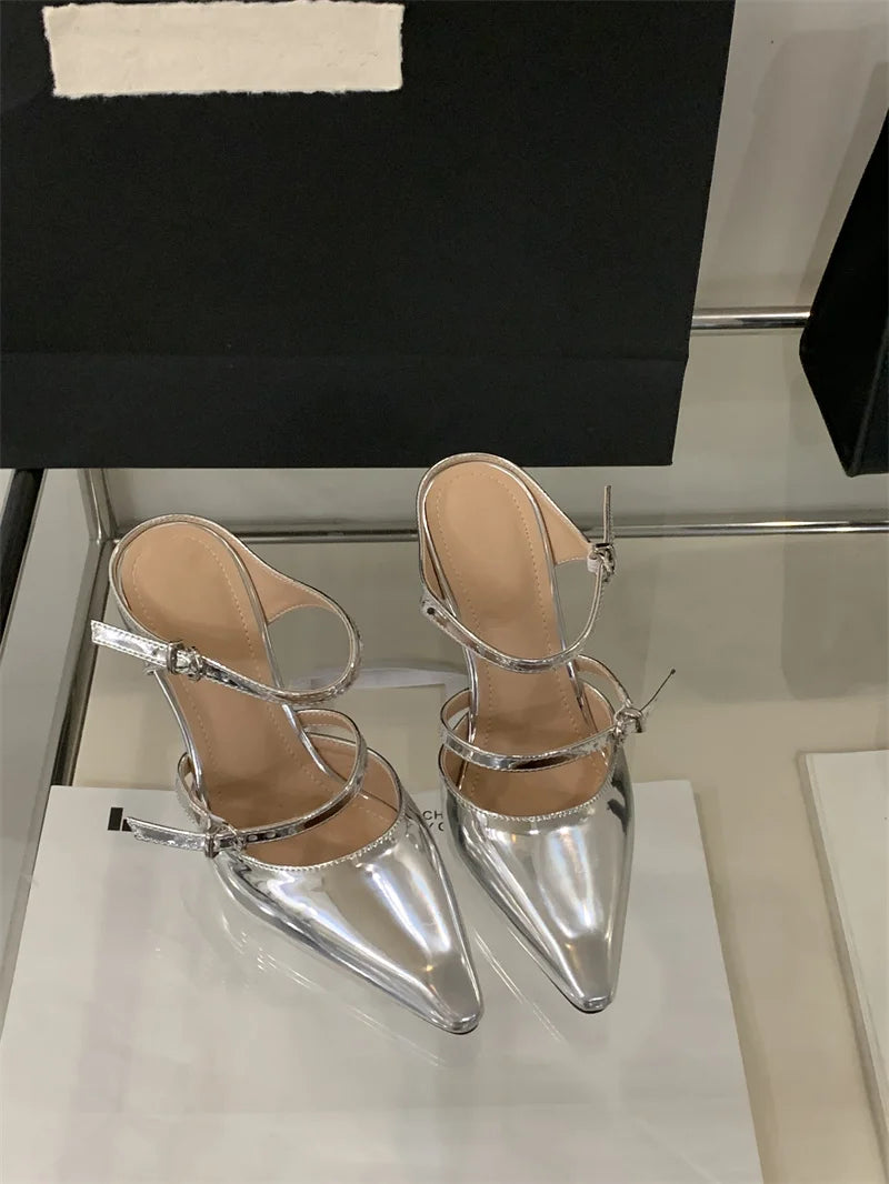 Liyke New Fashion Transparent Wedge Slippers Women Pumps Patent Leather Pointed Toe Buckle Strap Designer High Heels Mules Shoes