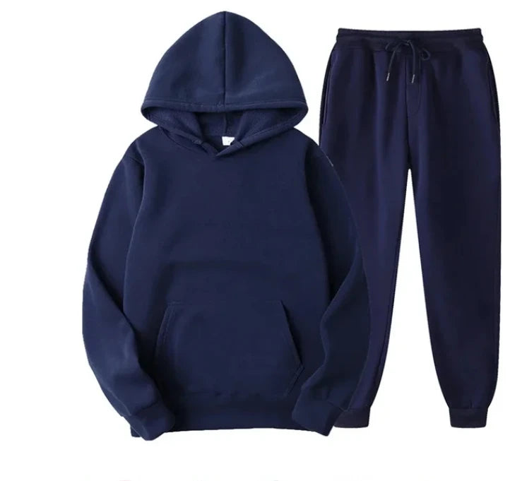 New Men Women Tracksuit Hoodies Casual Solid Color Thick Pullover and Long Pant 2-piece Set Men Autumn Fleece Jogger Sports Suit
