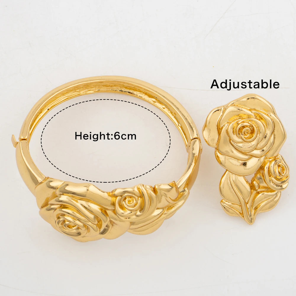 4Set Luxury Bangle Ring For Women Dubai Gold Color Bracelet France Jewelry Set Arabic African Adjustable Ring Party Wedding Gift