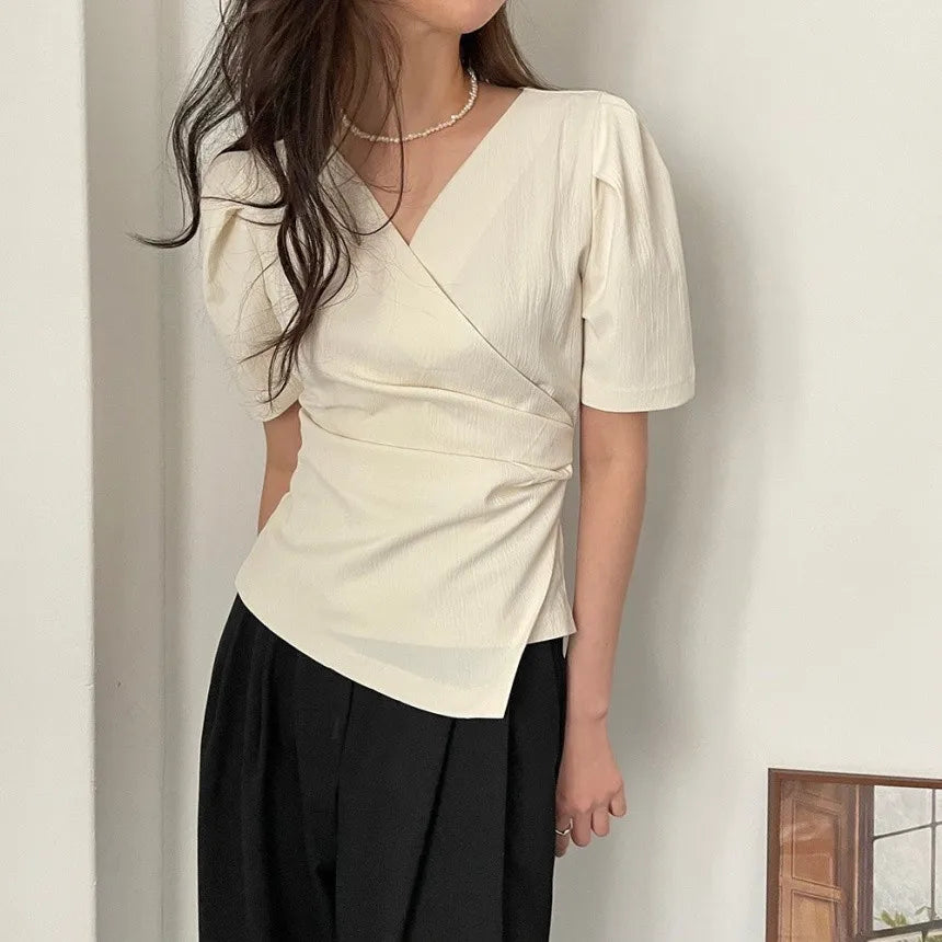 Women Blouse 2026 Spring Summer Solid Tucked V Neck Slim Blouse Elegant Short Sleeve Asymmetrical Top For Women Hot Sale