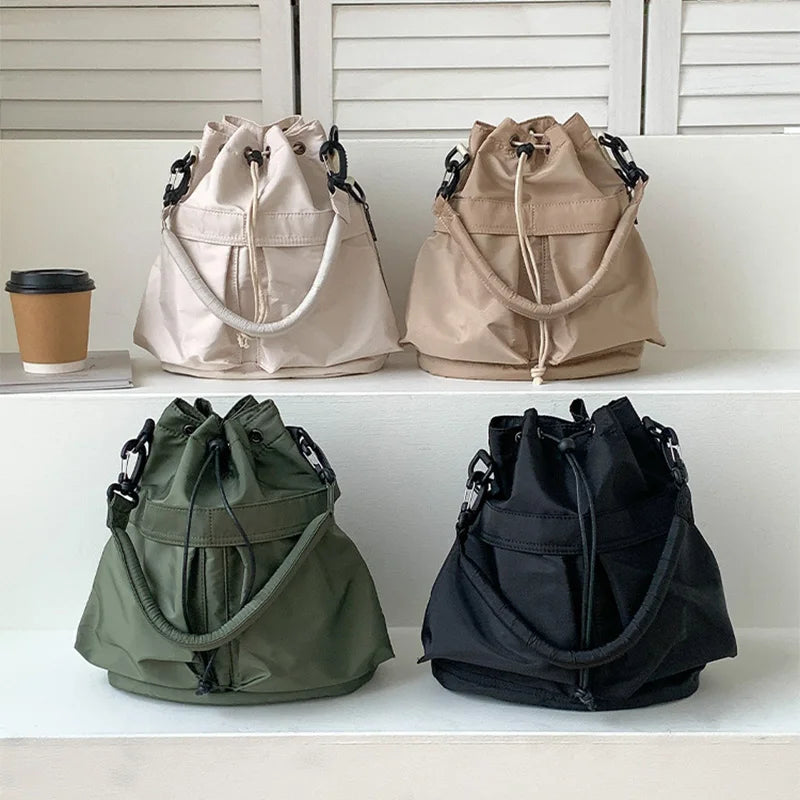 Women Tote Bag Shoulder Bag Nylon Waterproof Large Capacity Handbag Drawstring Crossbody Bag