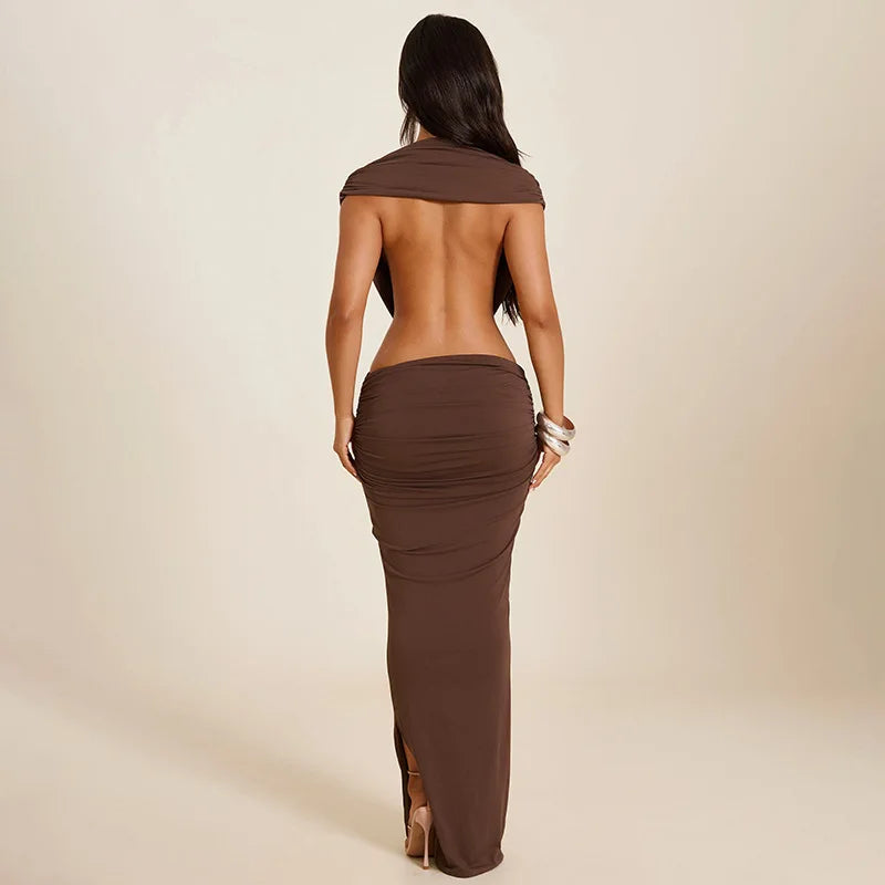 Women Fashion Sexy Bodycon Maxi Dress Deep V Neck Halter Backless Sleeveless Ruched Slim Party Long Robe Evening Gown Clubwear
