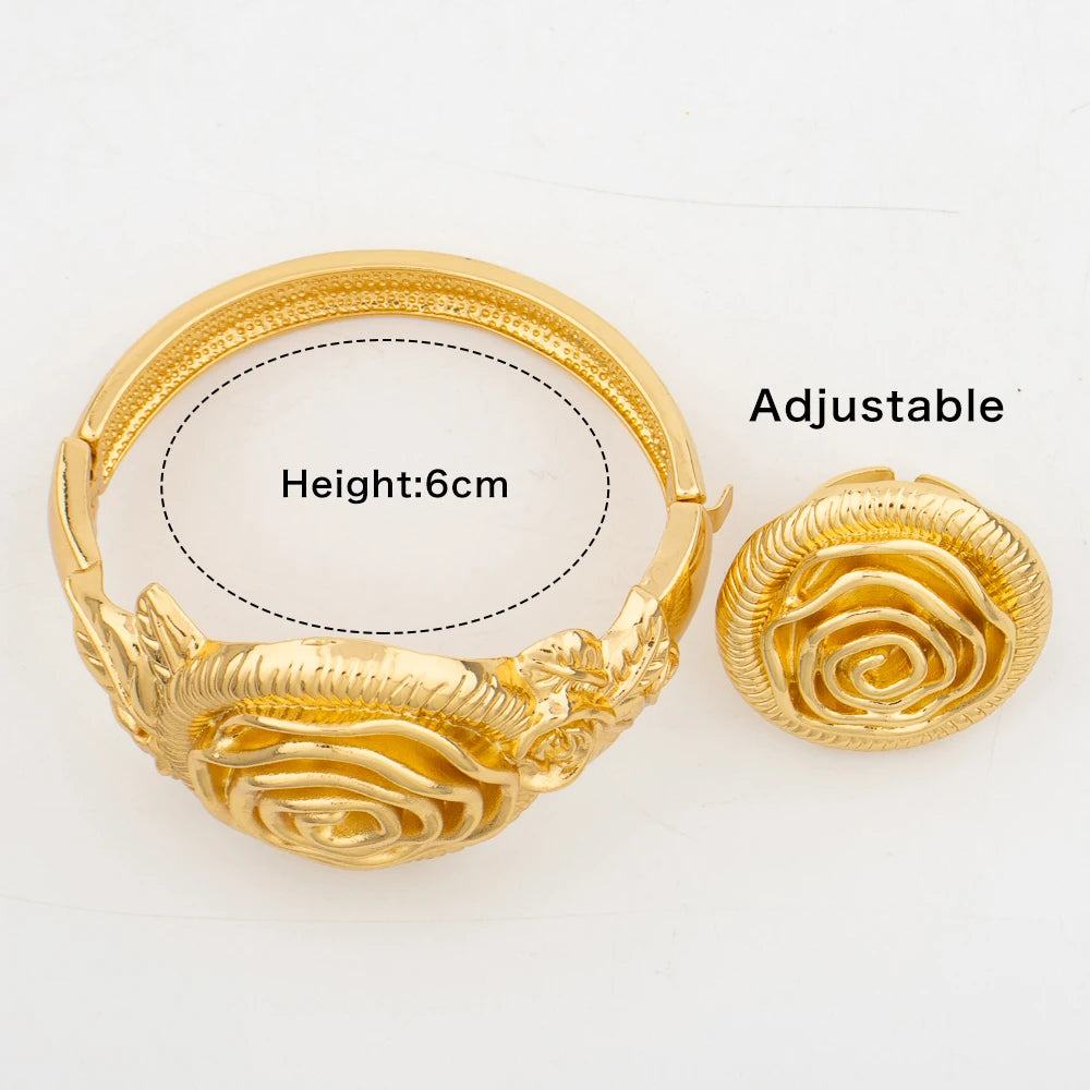 4Set Luxury Bangle Ring For Women Dubai Gold Color Bracelet France Jewelry Set Arabic African Adjustable Ring Party Wedding Gift