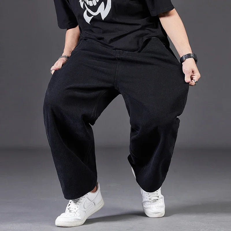 Autumn Thin Denim Jeans Men Plus Size Loose Straight Leg Sport Pants Fat Guy Elastic Long Trendy Trousers Black Grey Blue Jeans