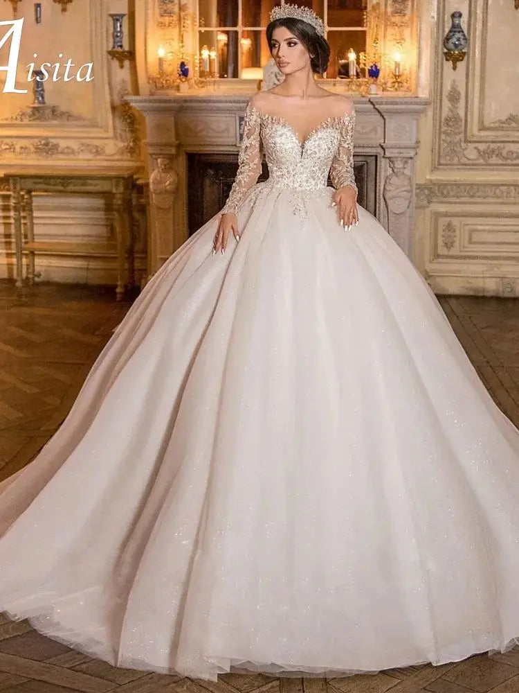 Customized Exquisite Wedding Dress Sheer O-Neck Lace Beaded Applique Illusion Long Sleeves A-Line Bride Dress Vestidos De Noiva