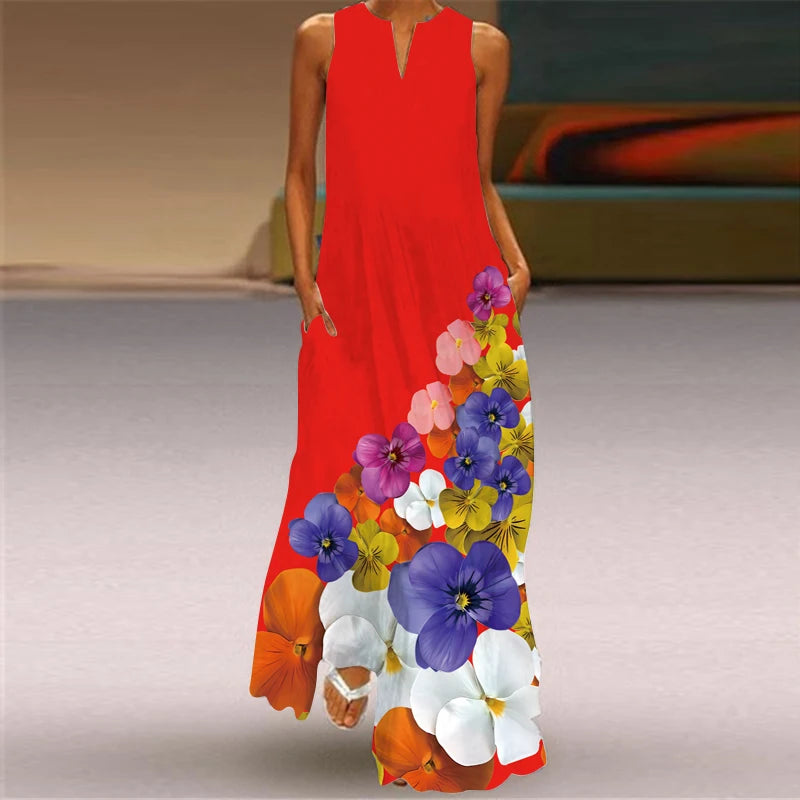 Elegant Dresses for Woman 3D Printed Dresses Summer Sleeveless V-Neck Long Dress Ladies Casual Elegant Beach Party Maxi Dresses