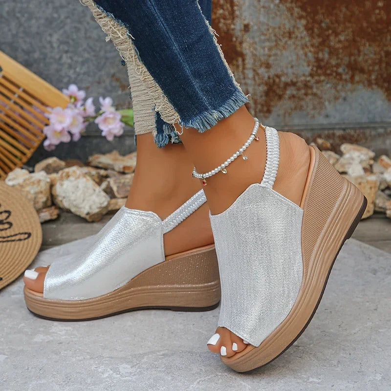Sexy Ladies Peep Toe Gladiator Sandals Summer 2026 Gold Silver Wedge Heels Shoes Woman Plus Size 42 Thick Sole Platform Sandals