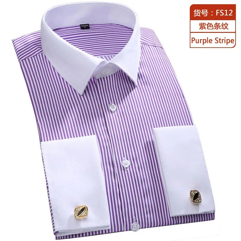 Men's Blue Long-sleeved Dress Shirts, Single-breasted Lapel Vertical Striped Shirt Men, White,Purple,Black,Pink,Yellow Optional