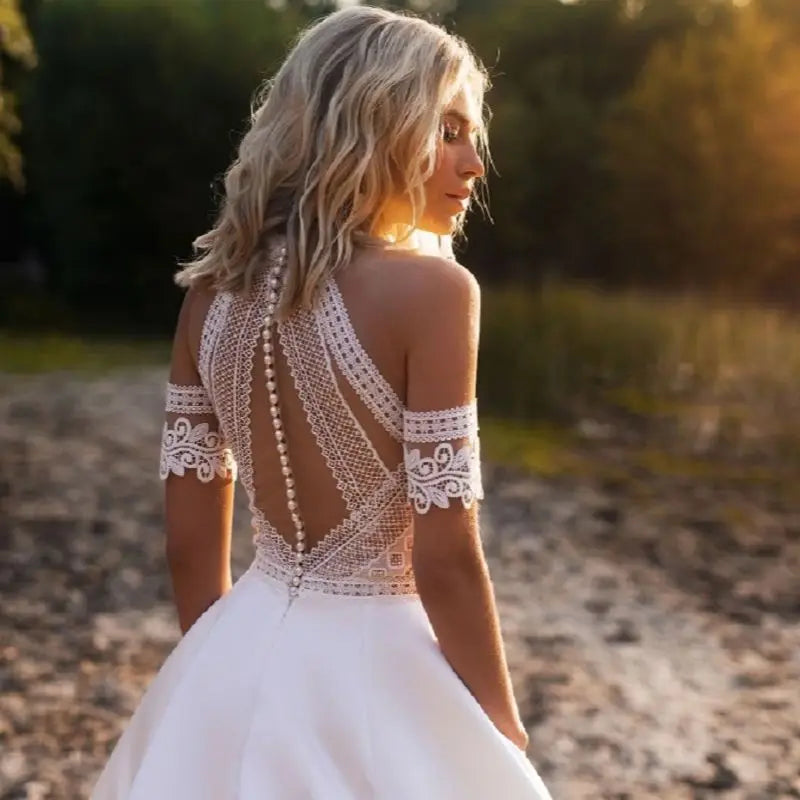 DREAM Customized Satin Bohemian Wedding Dress For Brides 2025 Off The Shoulder Lace Halter Bridal Gown With Detachable Sleeves