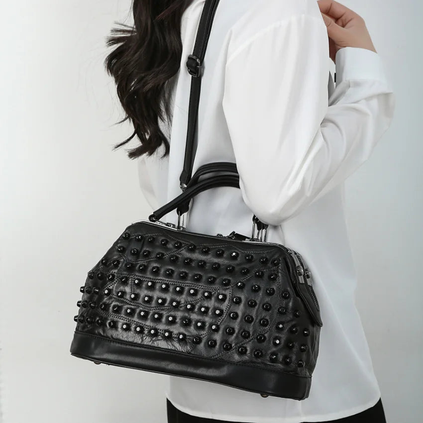 Soft Sheepskin Handbag for Women Rivet Shoulder Bag Punk Style Travel Crossbody Purse Office High-quality Handbag Leather Bag