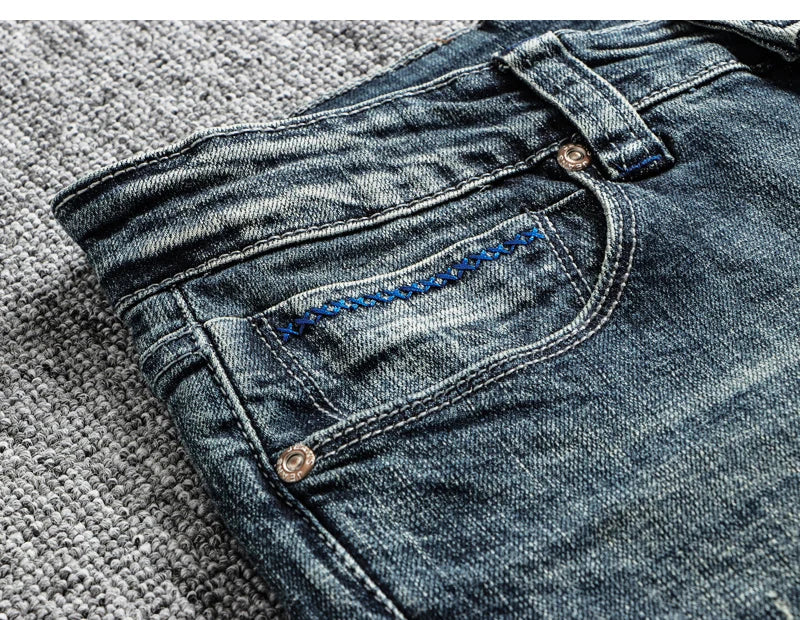 Italian Style Fashion Men Jeans Retro Blue Elastic Slim Fit Ripped Jeans Men Trousers Vintage Designer Casual Denim Pants Hombre