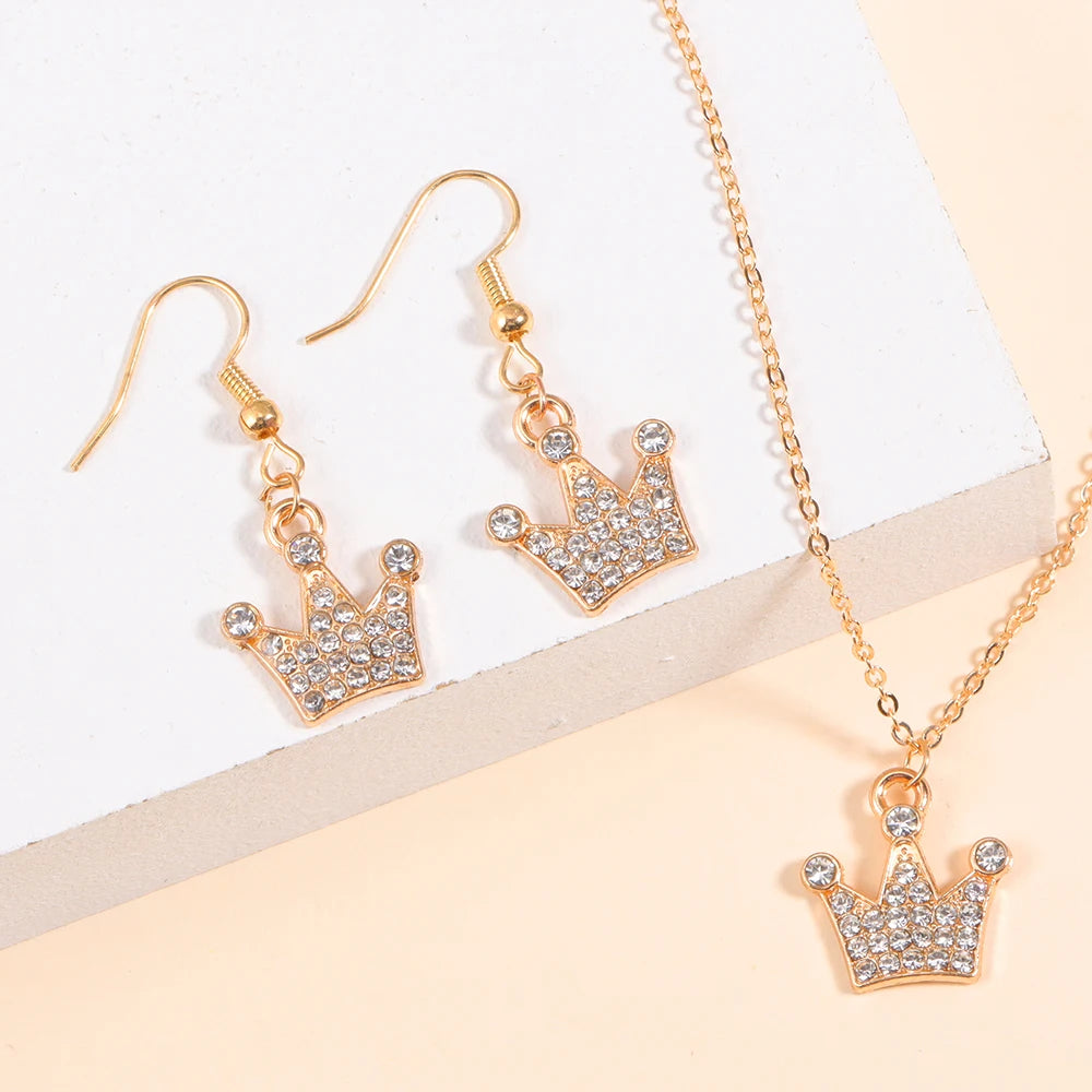Gold/Silver Color Jewelry Set Luxury Shining Zircon Bear Crown Planet Earrings Necklace Sets For Party Anniversary Exquisite Gif