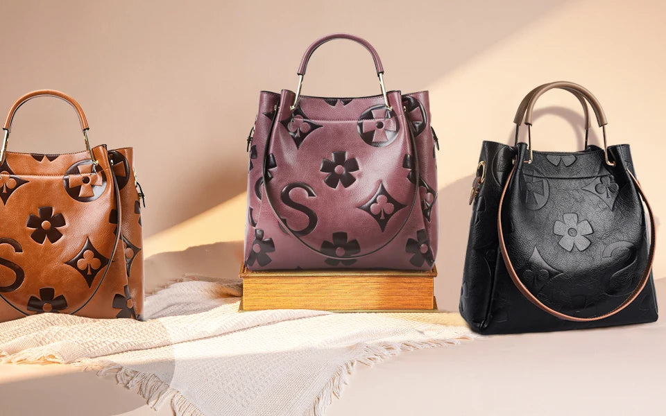 Women's Top-handle Handbags Large Shoulder Bag Embossed Leather Top Handle Handbag Set Ladies Bucket Hobo Tote For Work Travel