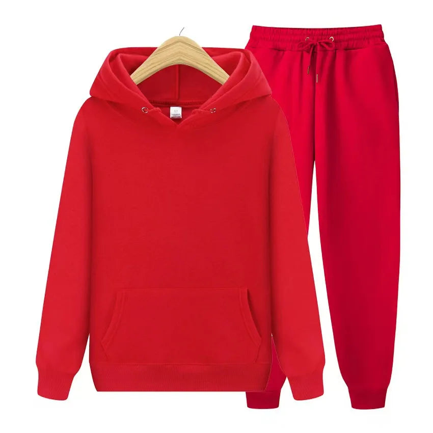 New Men Women Tracksuit Hoodies Casual Solid Color Thick Pullover and Long Pant 2-piece Set Men Autumn Fleece Jogger Sports Suit