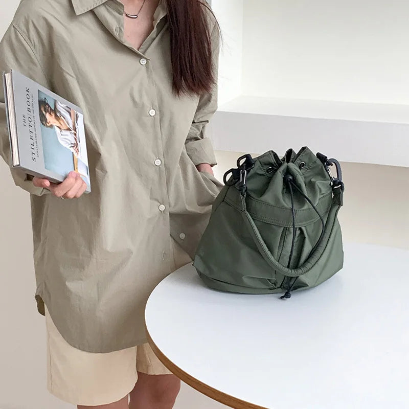 Women Tote Bag Shoulder Bag Nylon Waterproof Large Capacity Handbag Drawstring Crossbody Bag