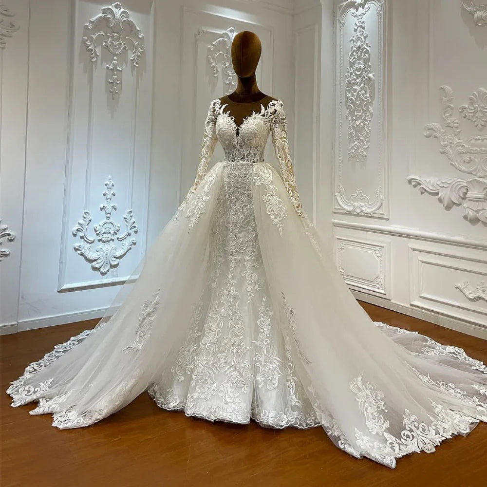 Wedding Dress Exquisite Customized Lace Mermaid Bride Dresses Long Sleeve Detachable Train Bridal Gowns Vestidos De Novia