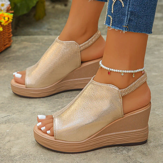 Gold Platform Wedge Sandals for Women Open Toe Thick Sole Summer Beach Shoes Woman Fashion Elastic Ankle Strap High Heel Sandals