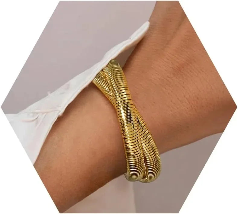 Gold Bangles for Women Chunky Stretch Bangles Bracelets Set 18K Gold Plated Stainless Steel Bracelets Flexible Wide Wristband