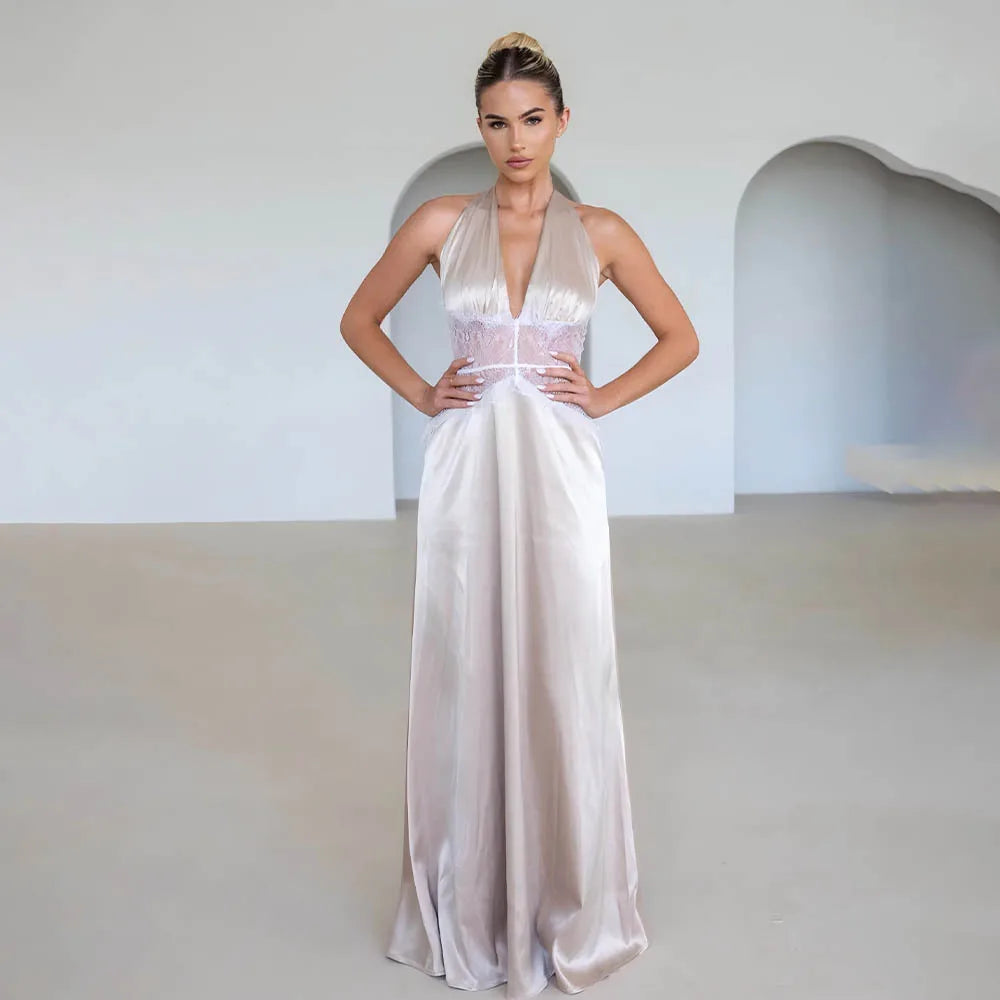 Sexy Deep V-neck Backless Lace Patchwork Satin Dresses for Women 2026 Summer Halter Sleeveless Long Maxi Party Evening Dress