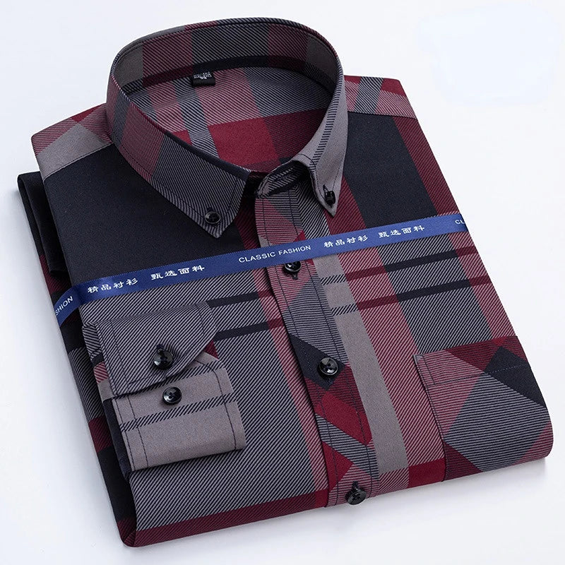 Men's Dress Shirts Spring Autumn Latest Hot Sale Non-iron Anti-wrinkle Business Casual Print Thin Plaid Slim Fit chemise homme