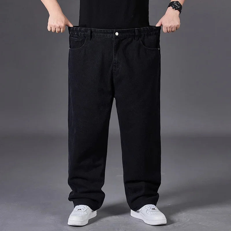 Autumn Thin Denim Jeans Men Plus Size Loose Straight Leg Sport Pants Fat Guy Elastic Long Trendy Trousers Black Grey Blue Jeans
