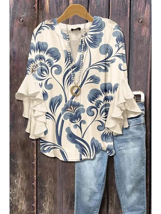 Women's Boho Floral Blouse Ruffle Sleeve Casual Loose Fit Soft Fabric Elegant Shirt for Vacation