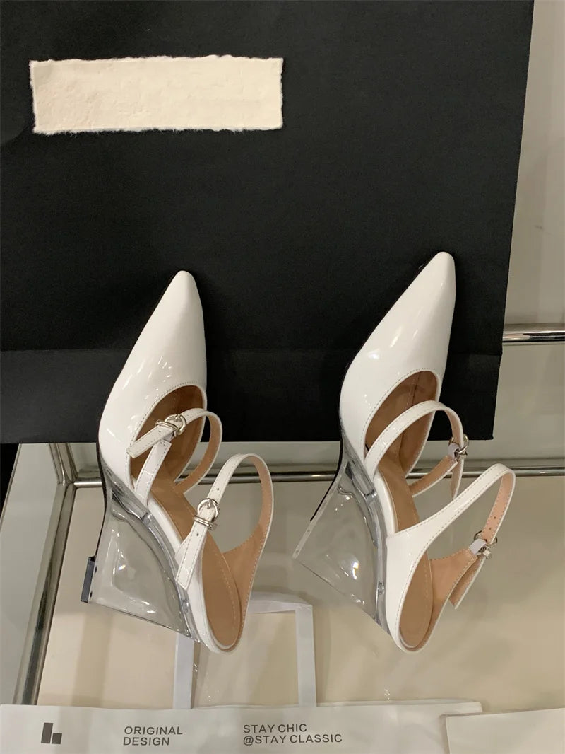 Liyke New Fashion Transparent Wedge Slippers Women Pumps Patent Leather Pointed Toe Buckle Strap Designer High Heels Mules Shoes