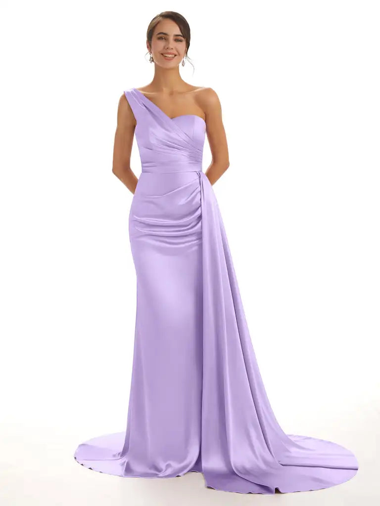 Satin One-Shoulder Bridesmaid Dresses Pleats Backless Sweep Train Formal Dress Elegant Sleeveless Bodycon Wedding Evening Gowns