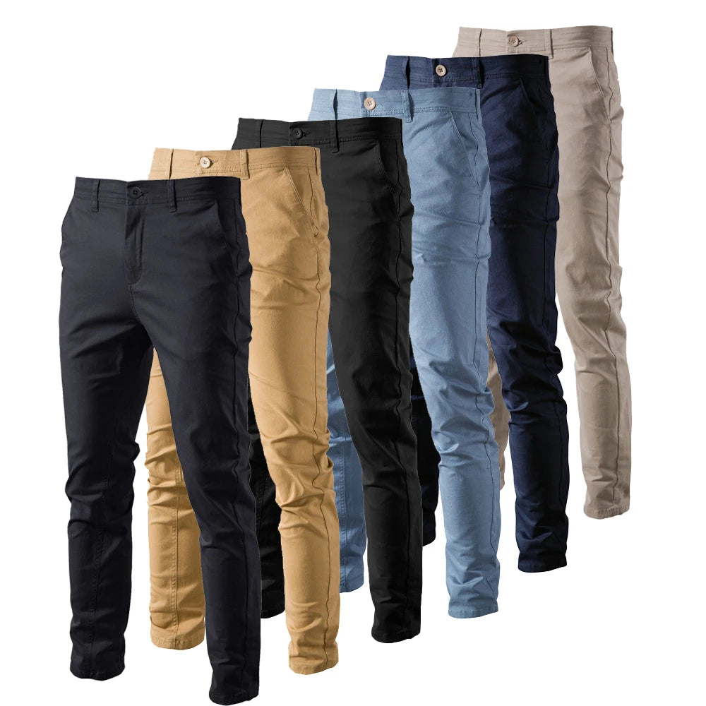 2023 New Summer Casual Pants Men 97% Cotton Solid color Business Fashion Slim Fit Stretch Gray Thin Trousers Male Brand Clothing