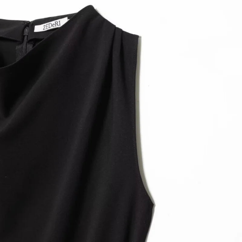 Elegant Black Sleeveless Blouse for Women with Belt Summer Casual Tank Top Back Zipper Work Office Wear Casual Daily Outfits Top