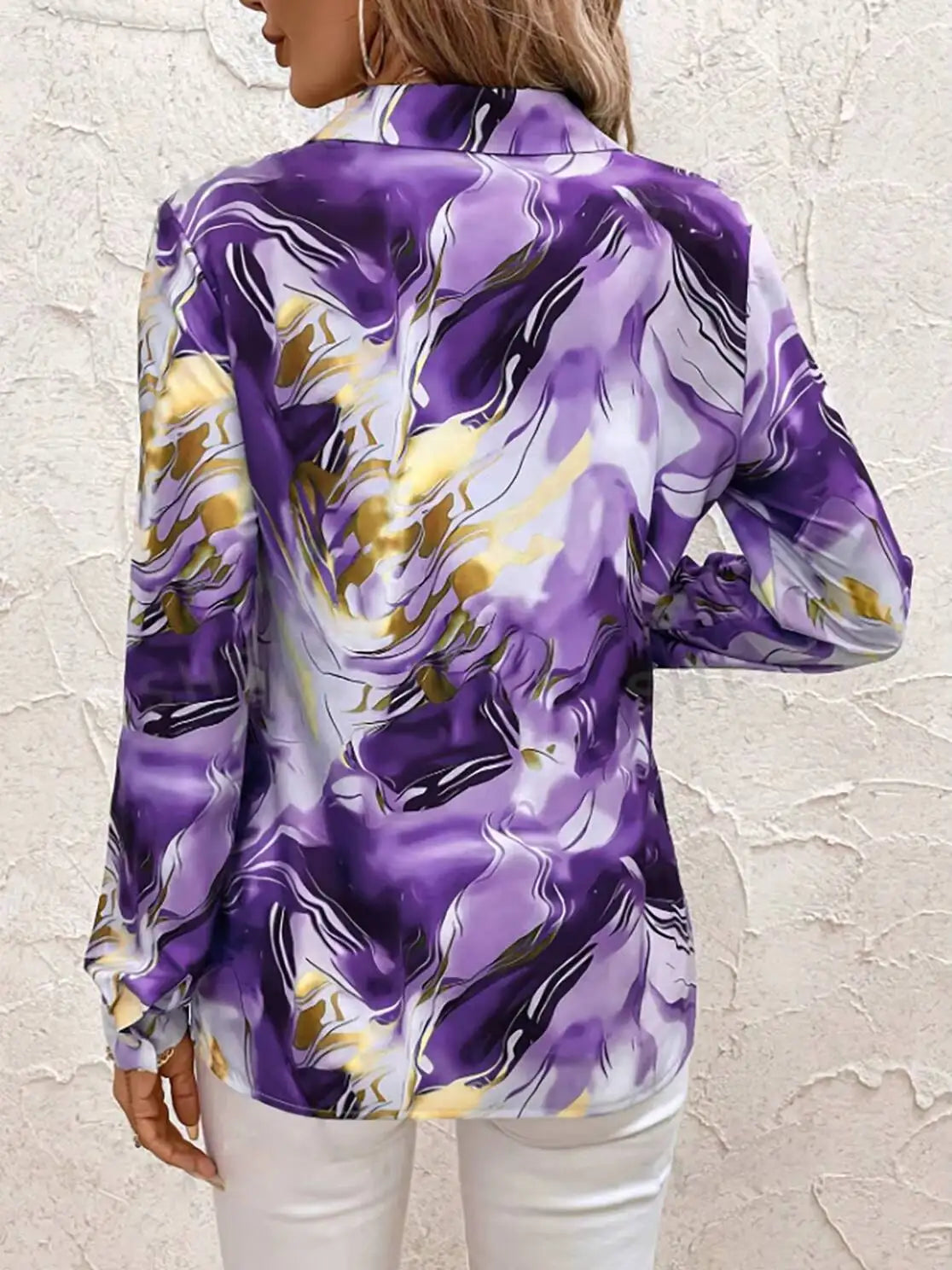 Women's Blouse Spring Summer Purple Gold Marble Print Collar Front Button Long Sleeve Satin Luxury Elegant Daily Office Top