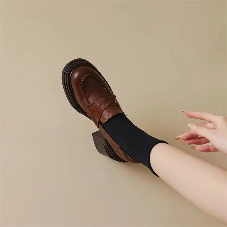 Women High Heel Shoes 2025 Retro Spring Autumn Performance Causal Women's Loafers Fashion Versatile Pumps Ladies Leather Shoes