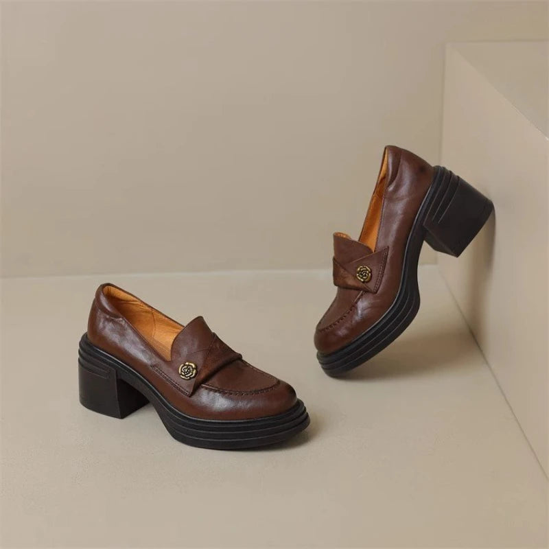 Women High Heel Shoes 2025 Retro Spring Autumn Performance Causal Women's Loafers Fashion Versatile Pumps Ladies Leather Shoes