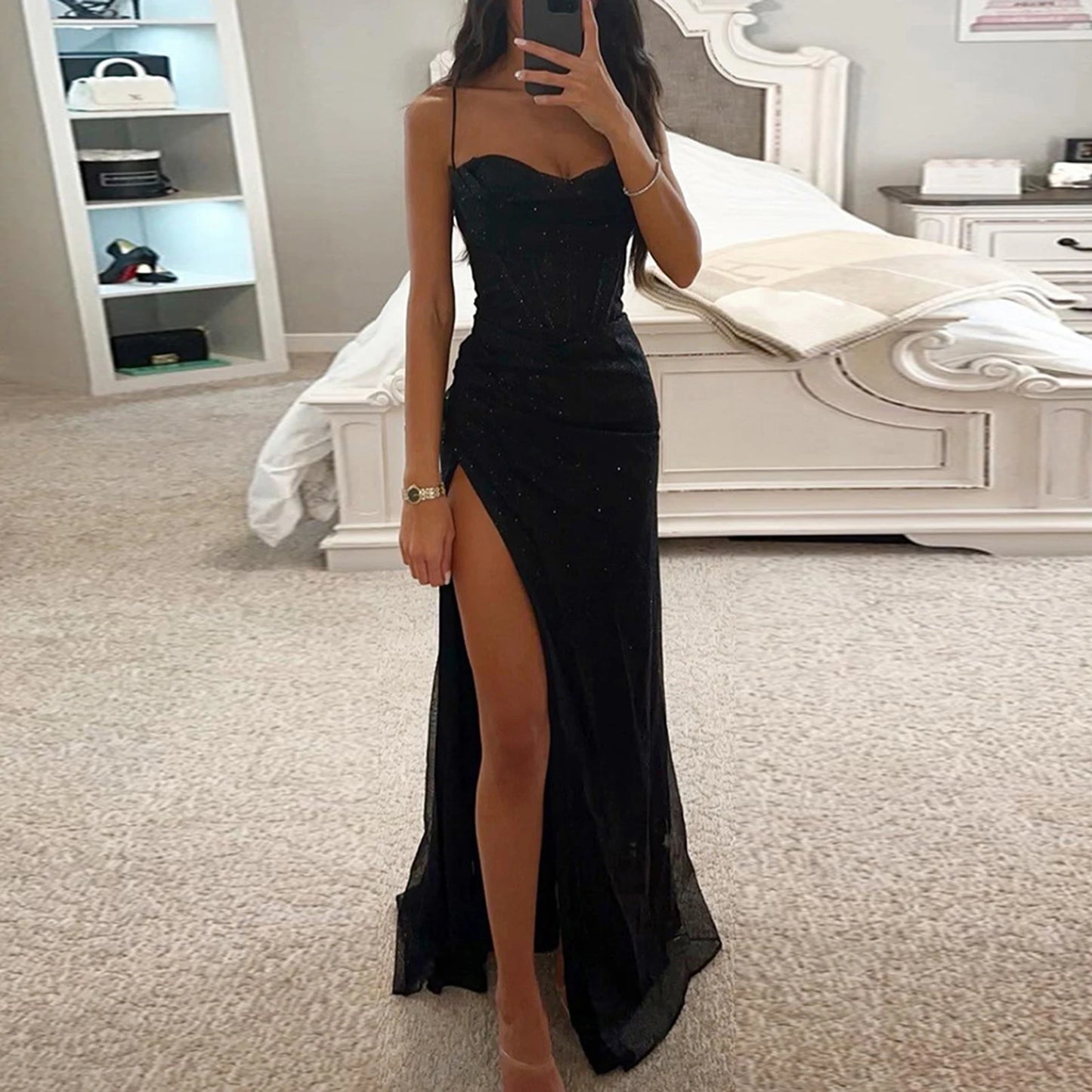 Off-shoulder Gown Dress Elegant Sequin V-neck Maxi Dress for Evening Party Prom Off Shoulder Slim Sexy Split Long Dress