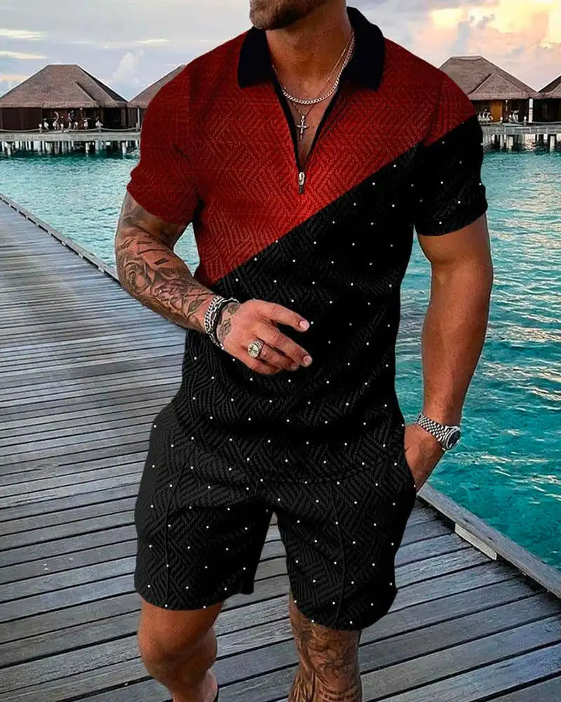 Men's Polo Tracksuit Set Summer Fashion Men Short Sleeve Zipper Polo Shirt&Shorts Set for Men Casual Streetwear 2 Piece Suit