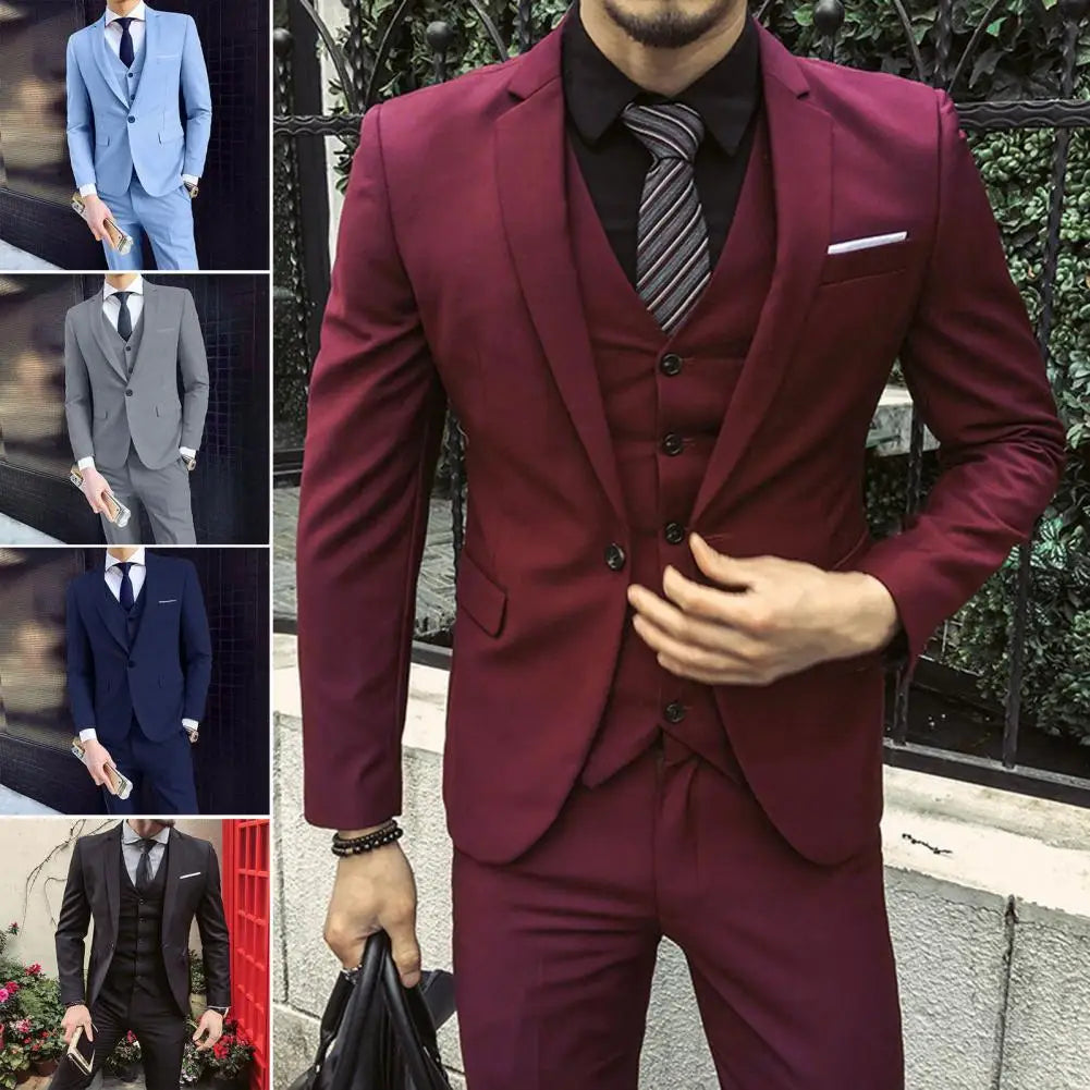 Men Three piece Suit Formal Business Suit Pants Set Solid Color Slim Fit Turn down Collar Anti wrinkle Groom Wedding Suit