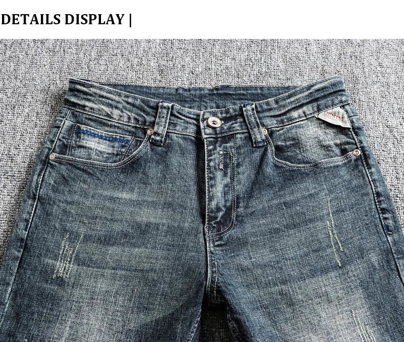 Italian Style Fashion Men Jeans Retro Blue Elastic Slim Fit Ripped Jeans Men Trousers Vintage Designer Casual Denim Pants Hombre