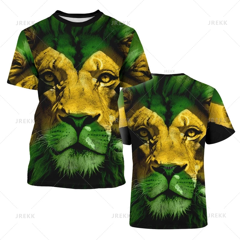 Jamaica Flag Graphic T-Shirt Men's Lion 3d Printed Crewneck Short Sleeve Casual Sports Tops Tees Summer Oversized T Shirts