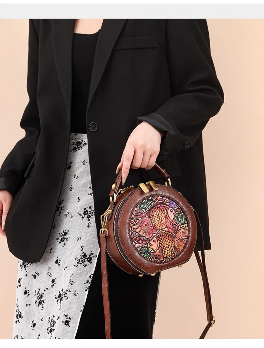 Vintage Handbag Women Shoulder Bag Luxurious Designer Round Bag High-quality Gift Embossed Printed Crossbody Purse for New Women