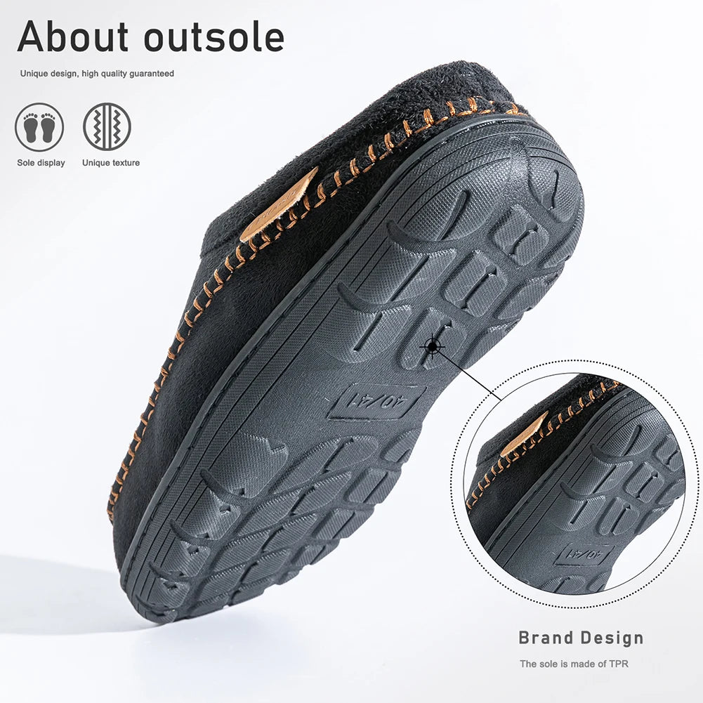 Pmoiste Soft Faux Suede House Slippers Men Comfortable Warm Cushion Designer Mark Line Living Room Shoes Slip-on Winter Indoor
