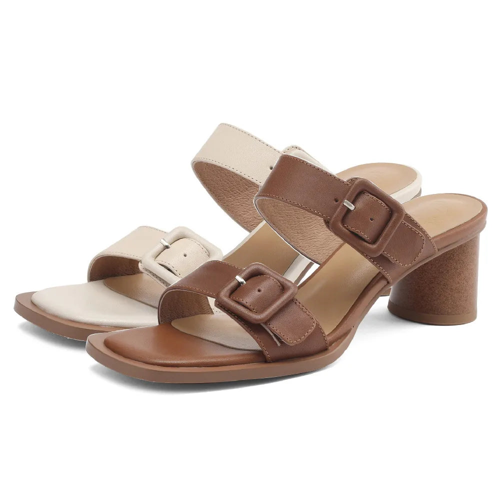 Women's sandals summer 2023 cow leather double metal belt 5.5cm thick med heel slip-on slippers elegant ladies slim daily pumps